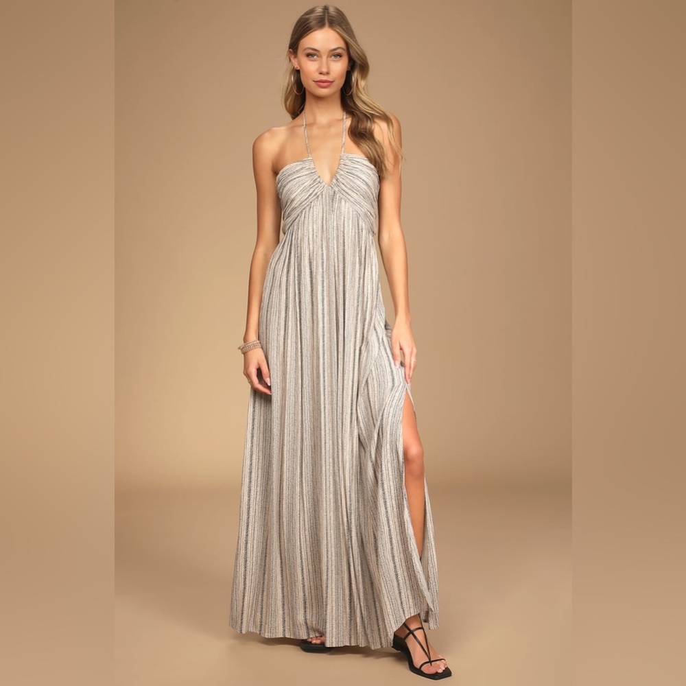 Beige Black Print Sleeveless Halter Maxi Dress | Small